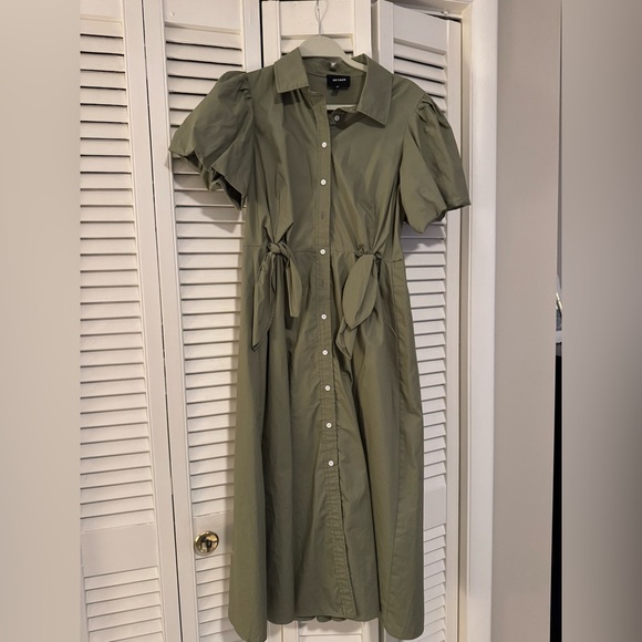 Olive Green Puff Sleeve Tie Waist Midi Dress - Picture 4 of 4